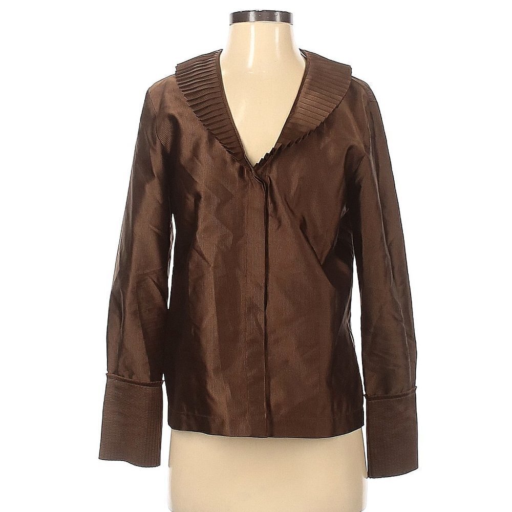 NWT D. Exterior Copper Brown Satin Edwardian Pleated Collar Button Down Shirt